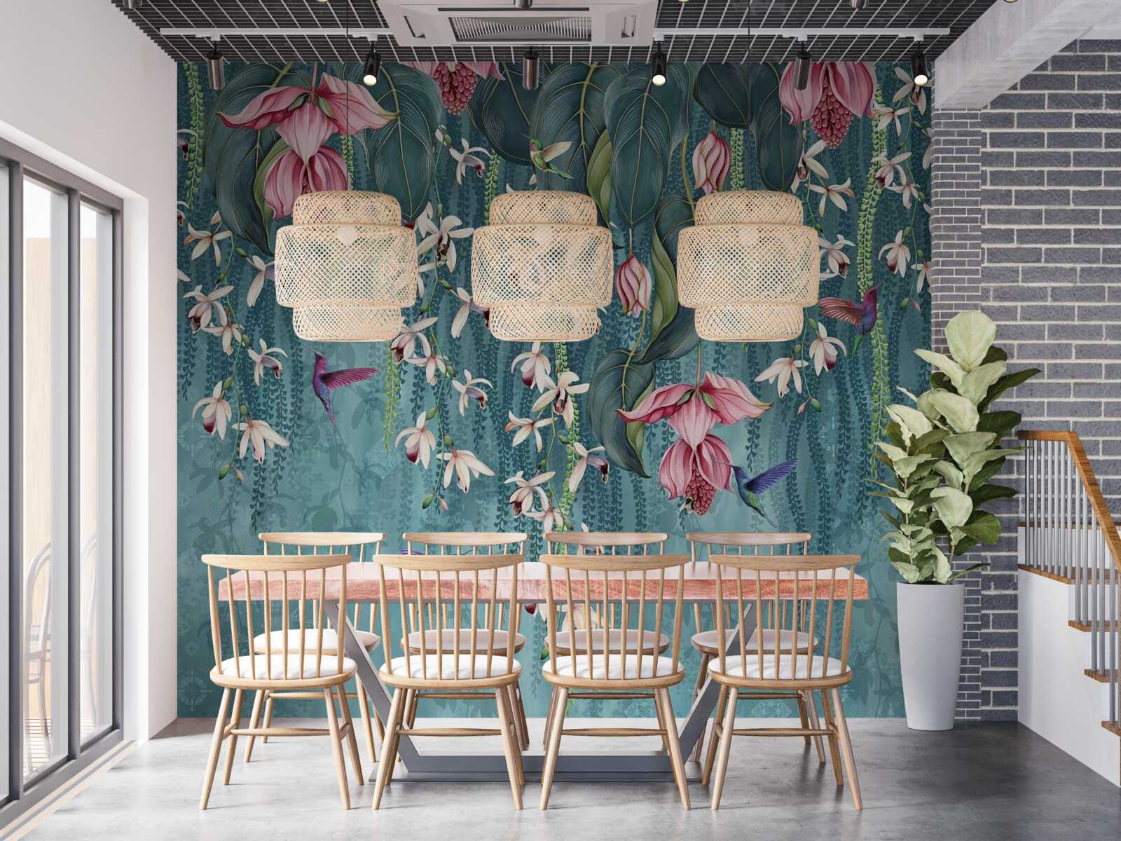 Fototapet flori și ramuri verzi care atârnă de sus și păsări colibri