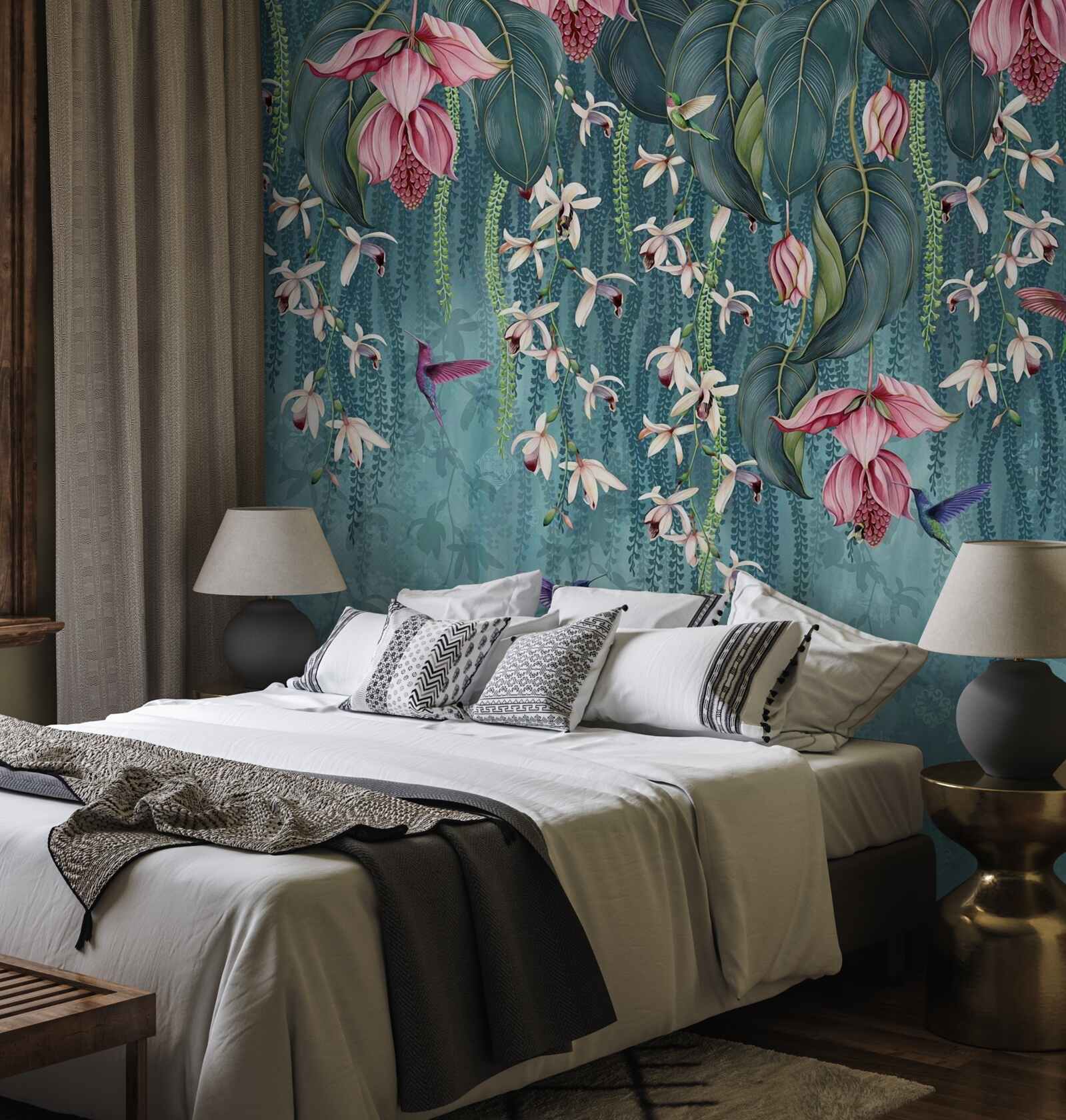 Fototapet flori și ramuri verzi care atârnă de sus și păsări colibri