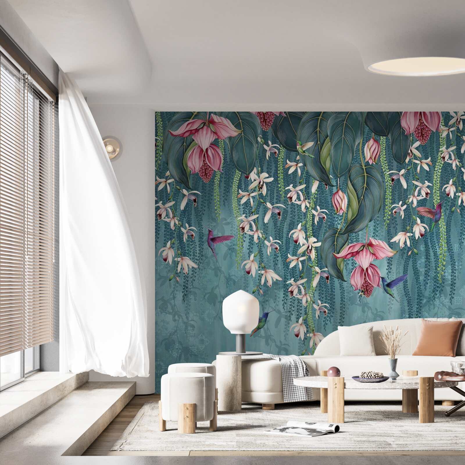 Fototapet flori și ramuri verzi care atârnă de sus și păsări colibri