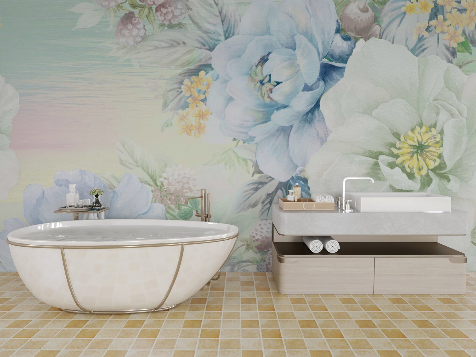 Fototapet flori în nuanțe de alb și albastru