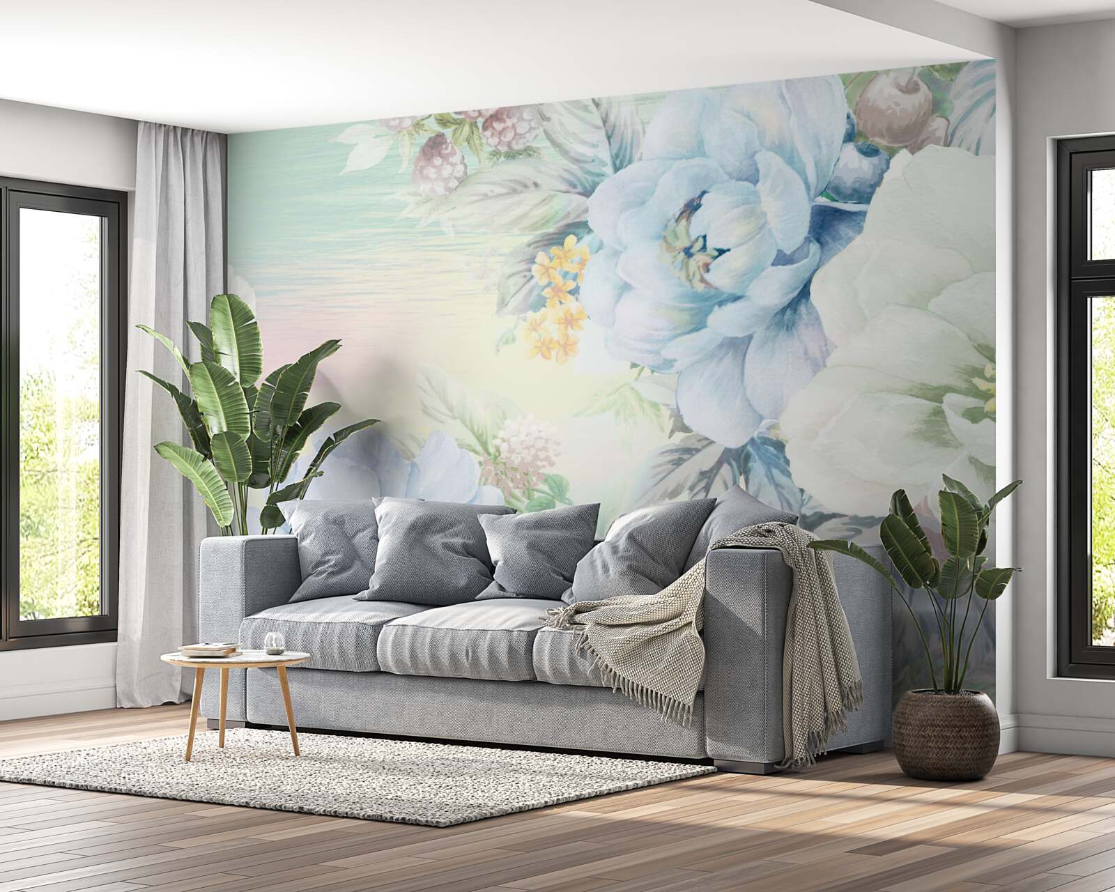 Fototapet flori în nuanțe de alb și albastru