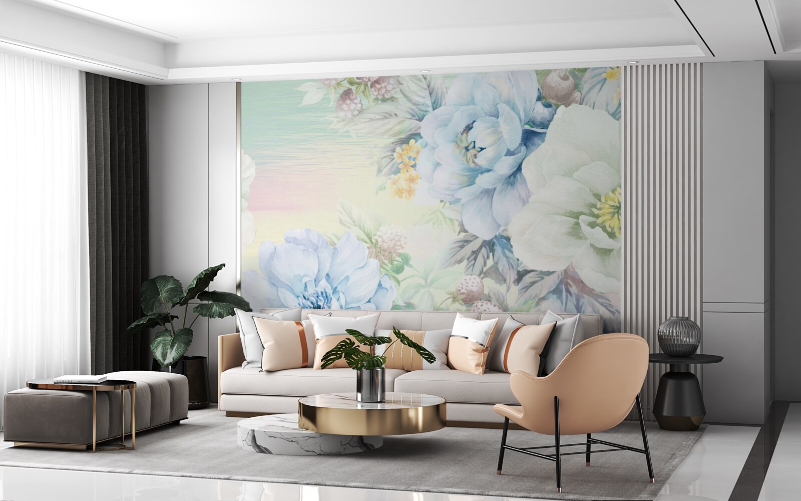 Fototapet flori în nuanțe de alb și albastru