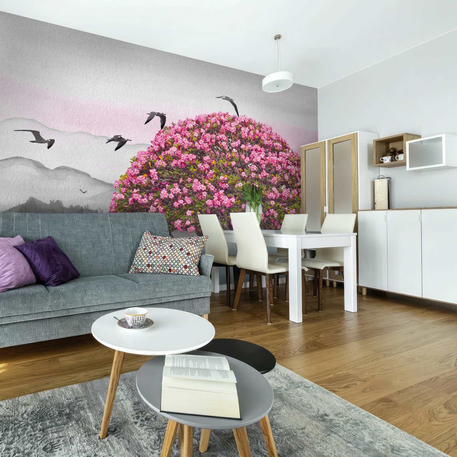 Fototapet păsările zboară deasupra unui copac înflorit