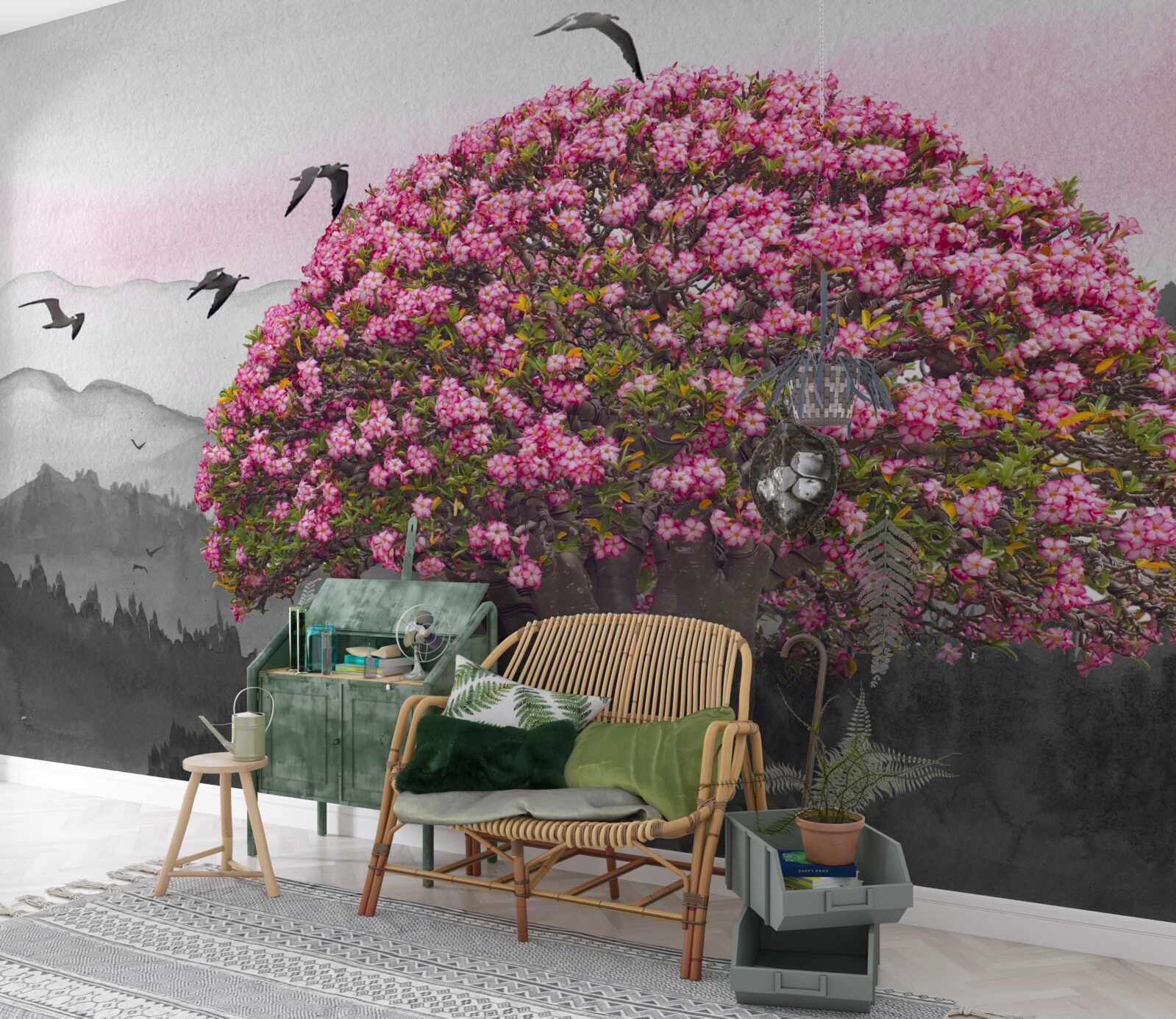 Fototapet păsările zboară deasupra unui copac înflorit