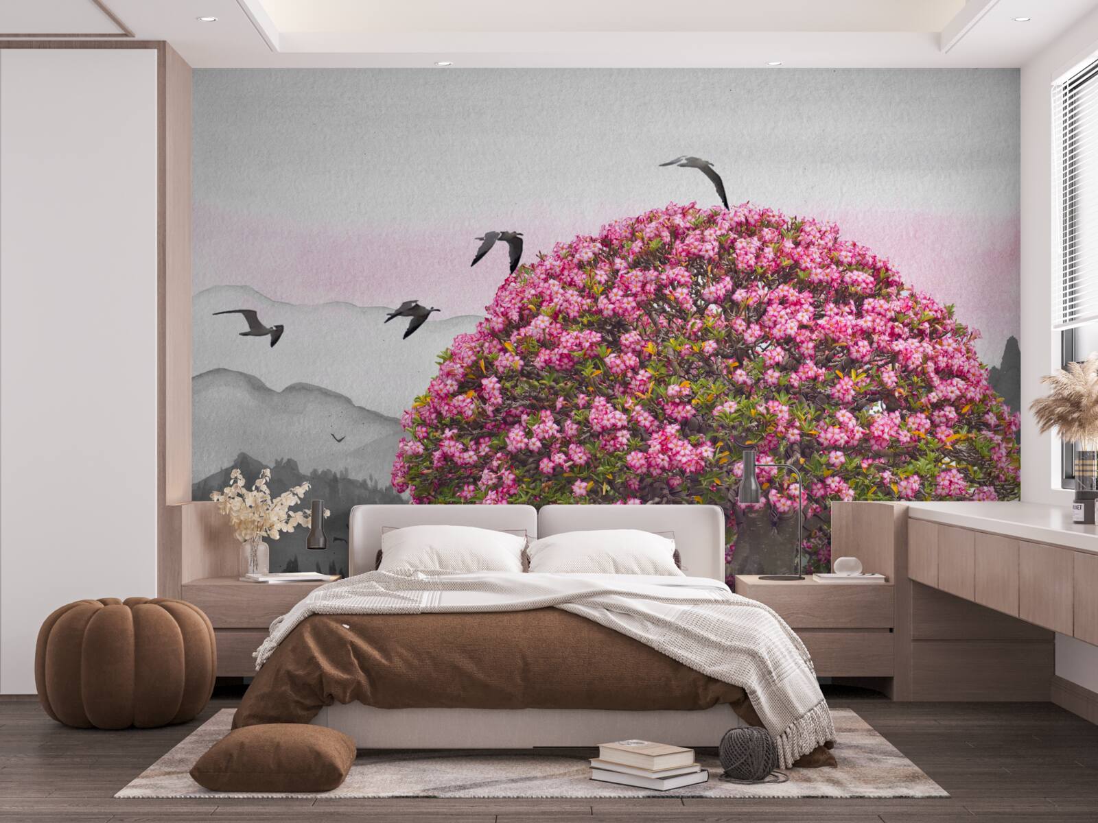 Fototapet păsările zboară deasupra unui copac înflorit