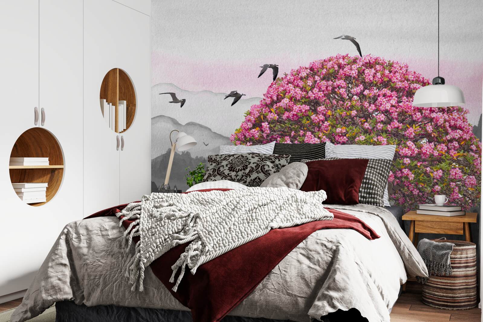 Fototapet păsările zboară deasupra unui copac înflorit