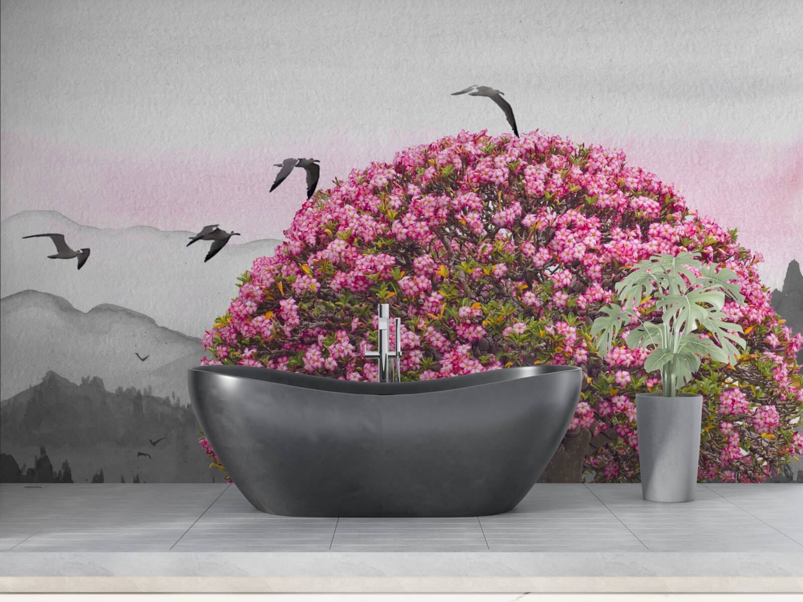 Fototapet păsările zboară deasupra unui copac înflorit