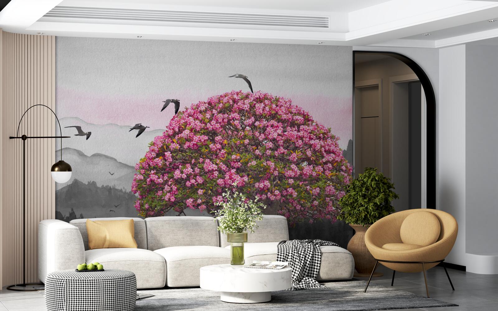 Fototapet păsările zboară deasupra unui copac înflorit