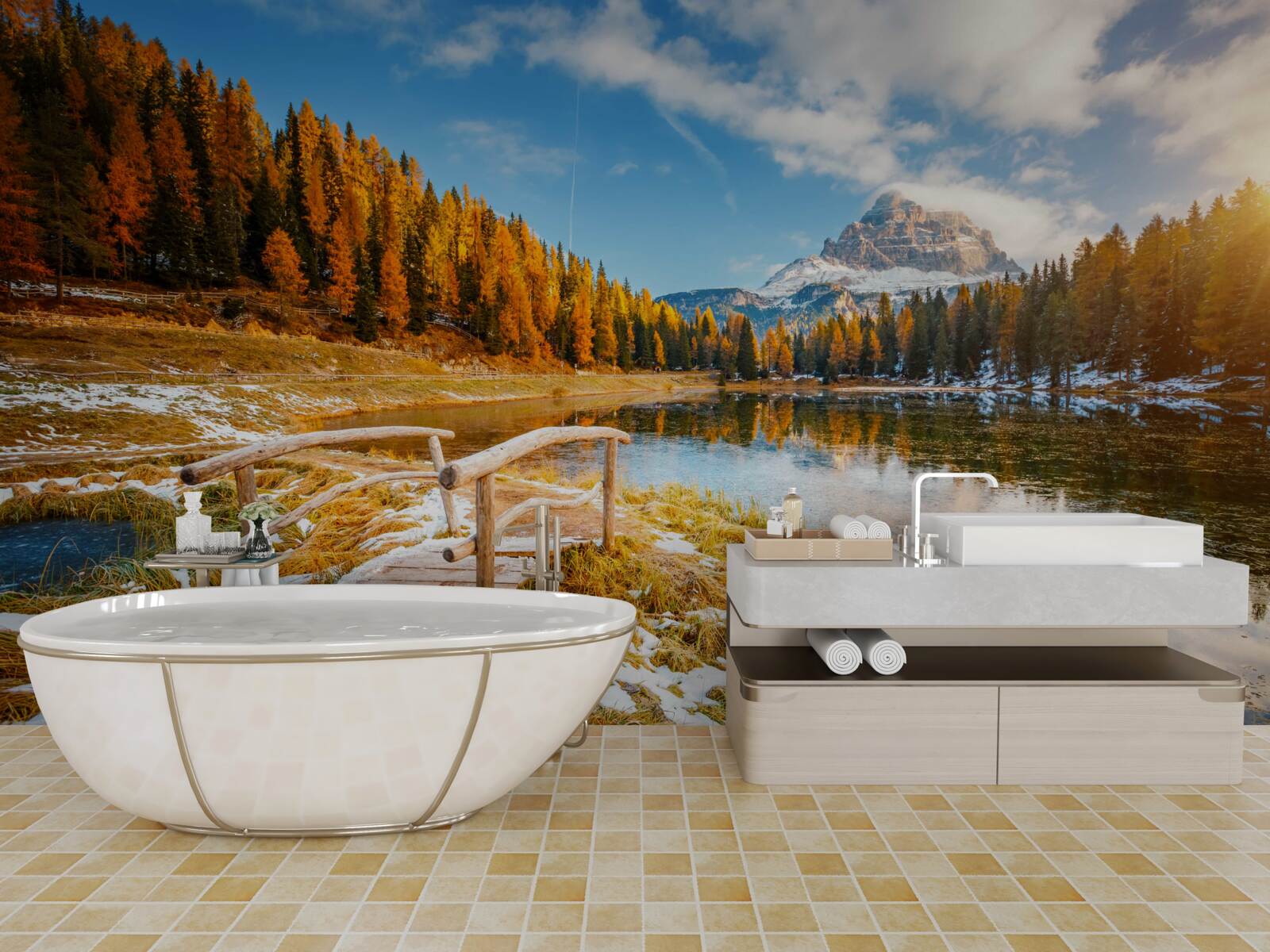 Fototapet peisaj de toamnă cu un munte la orizont