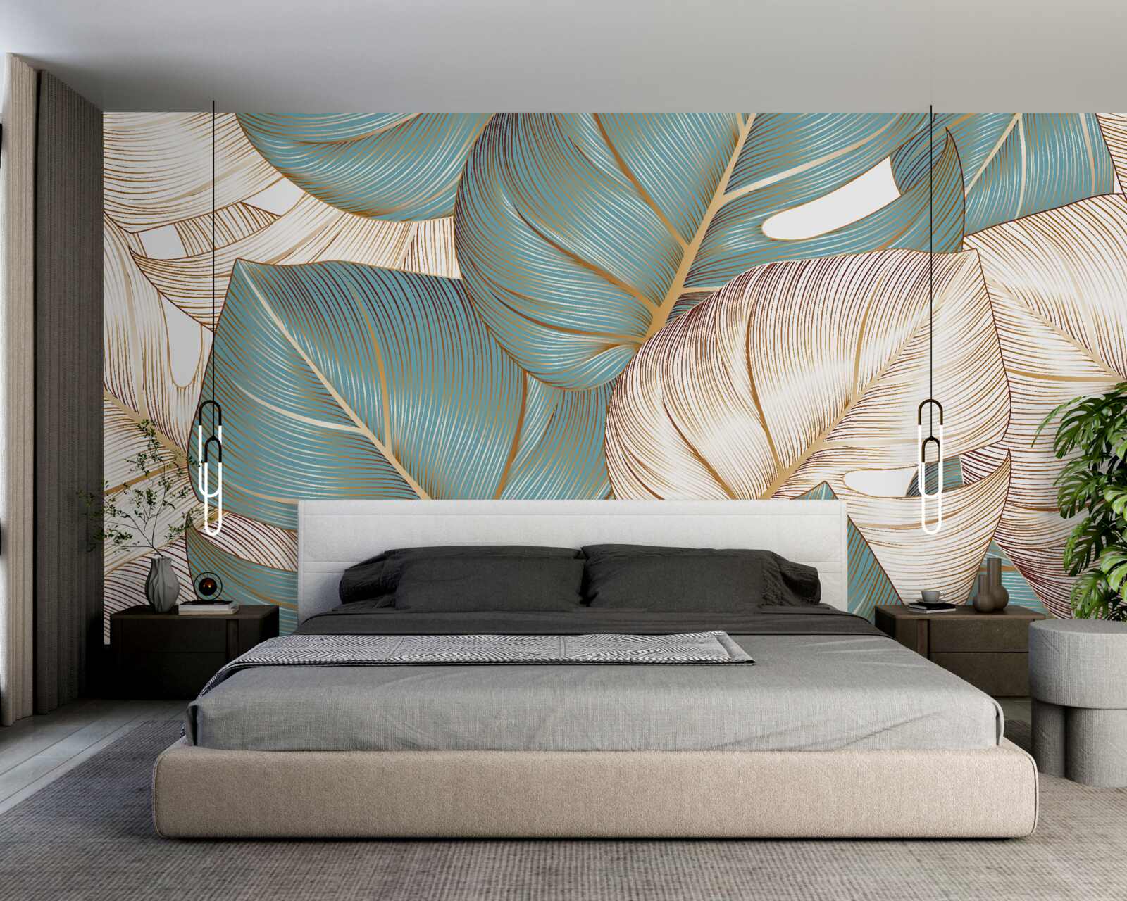 Fototapet frunze mari în verde și auriu