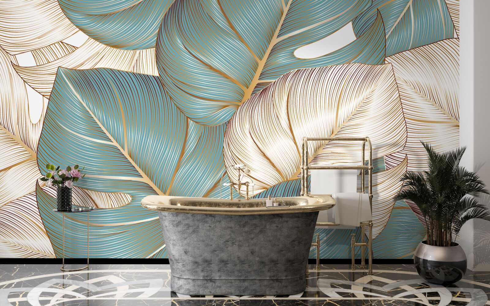 Fototapet frunze mari în verde și auriu