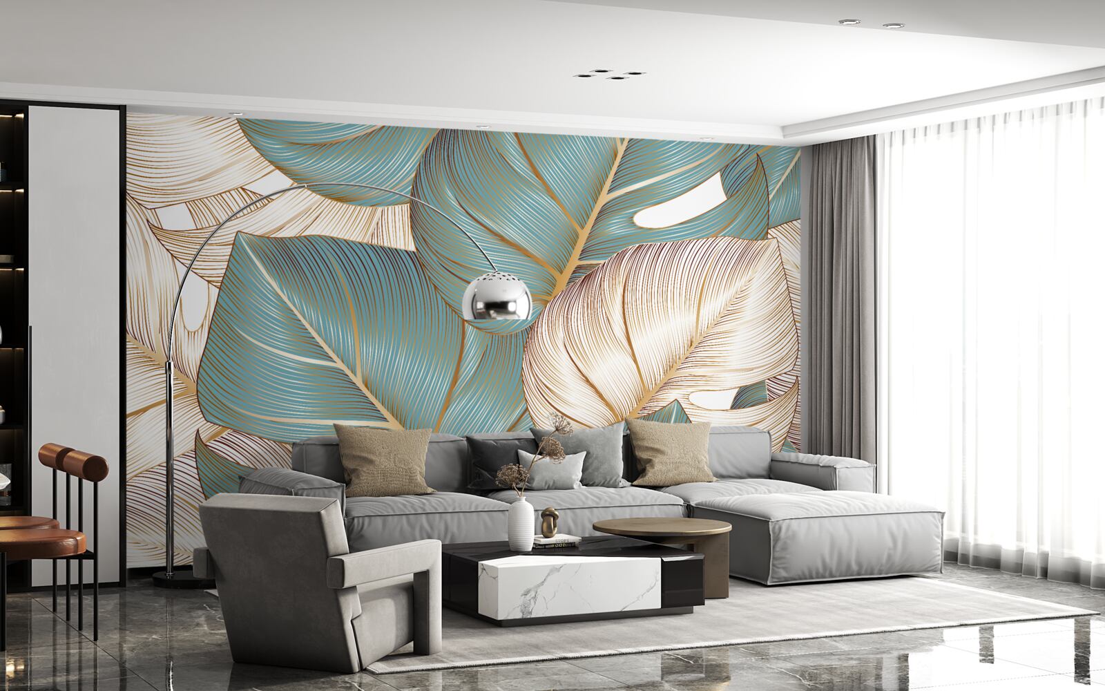 Fototapet frunze mari în verde și auriu