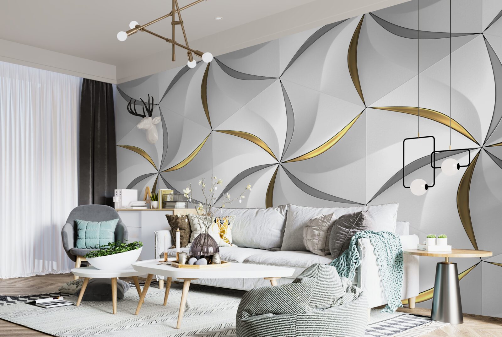 Fototapet vârtejuri de gri și auriu pe un fundal alb