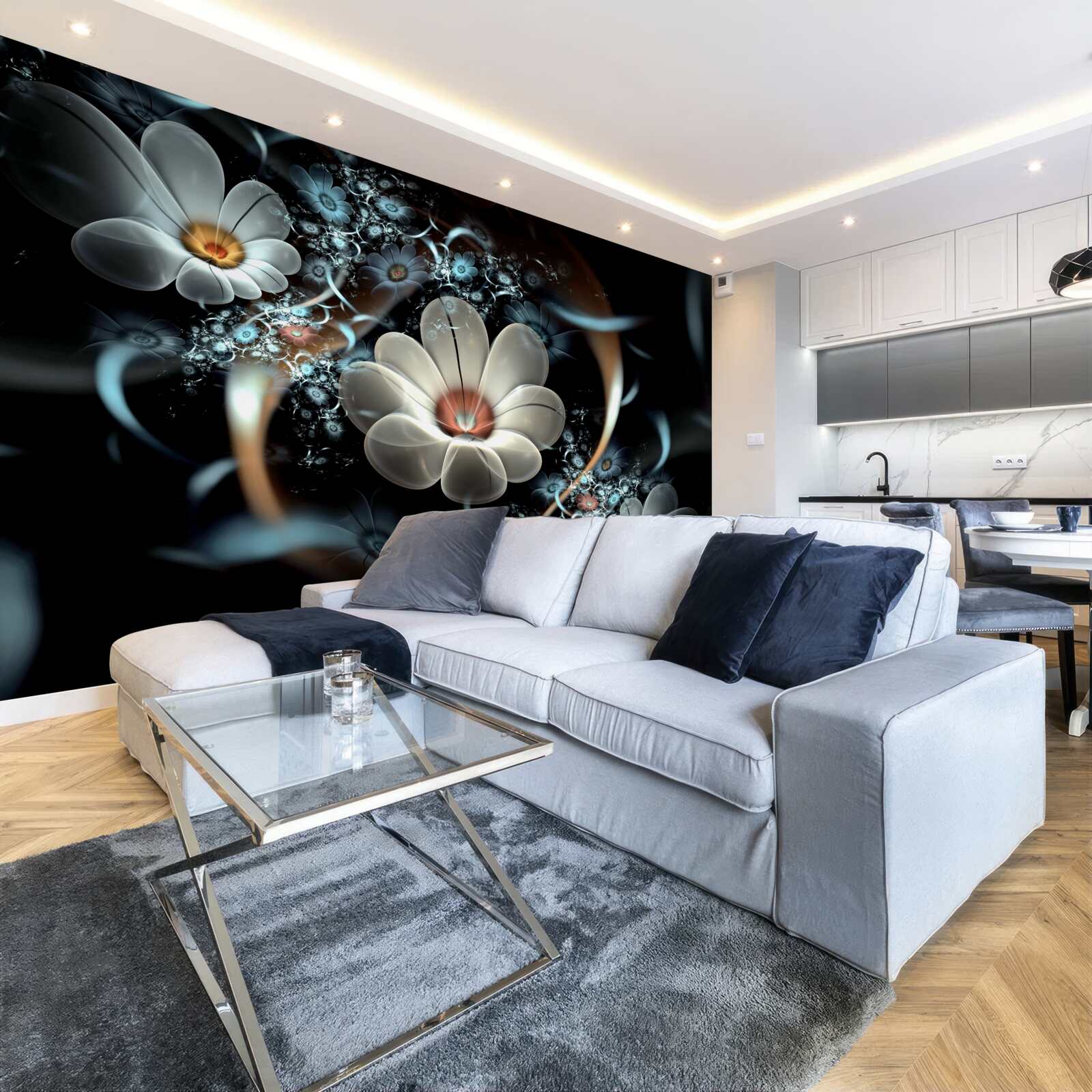 Fototapet florile mari sunt albe