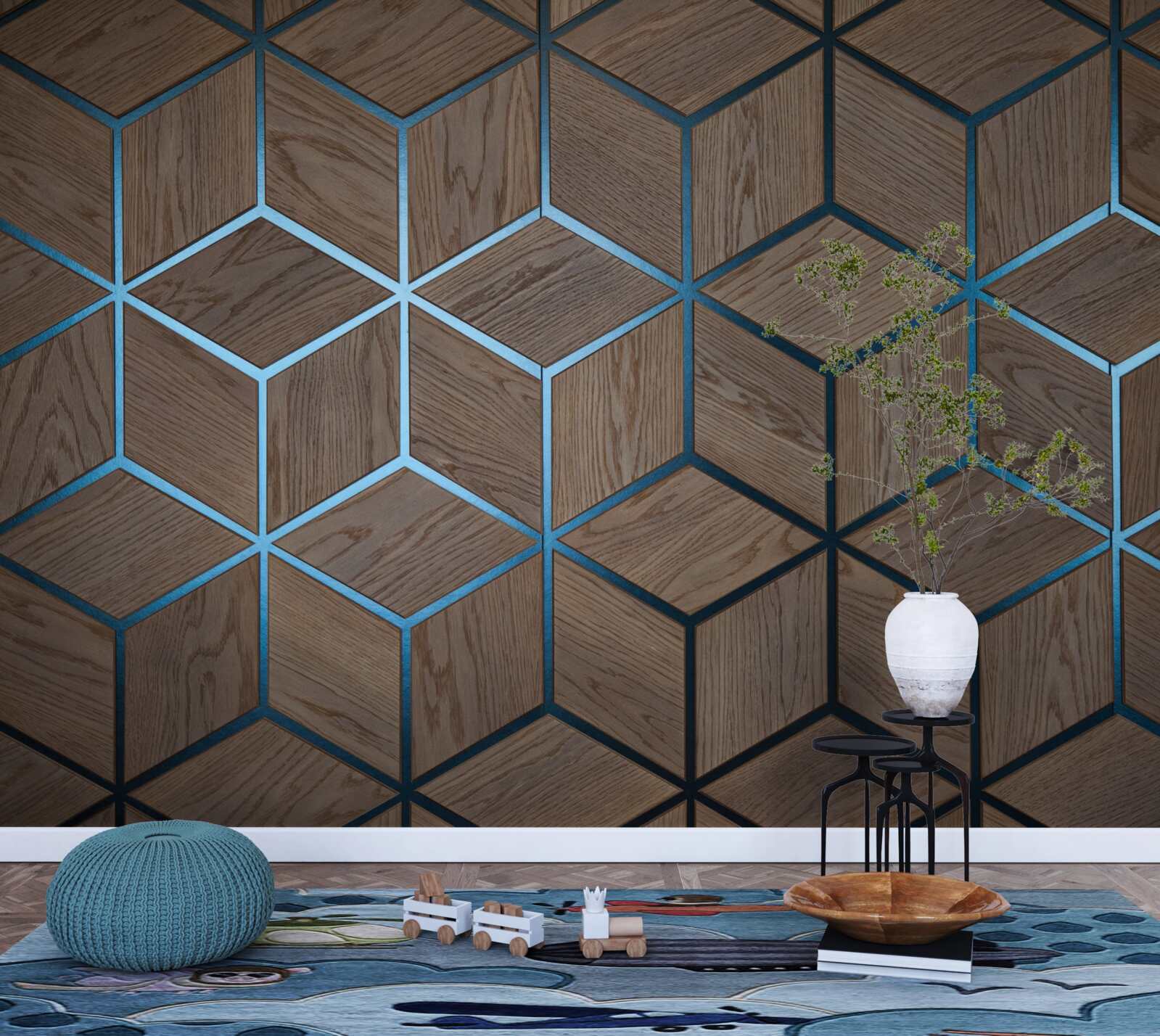 Fototapet podea din lemn cu dungi negre