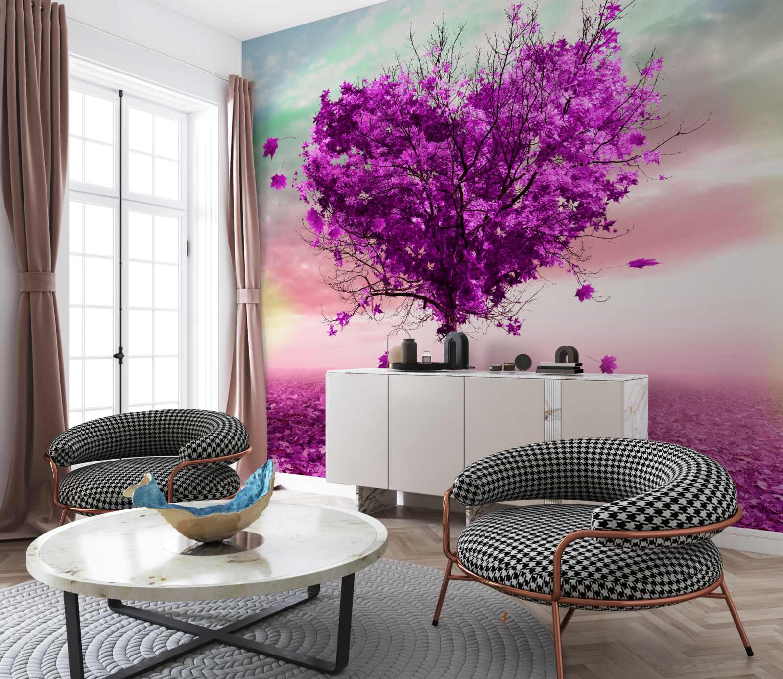 Fototapet copac cu frunze violet care se încadrează