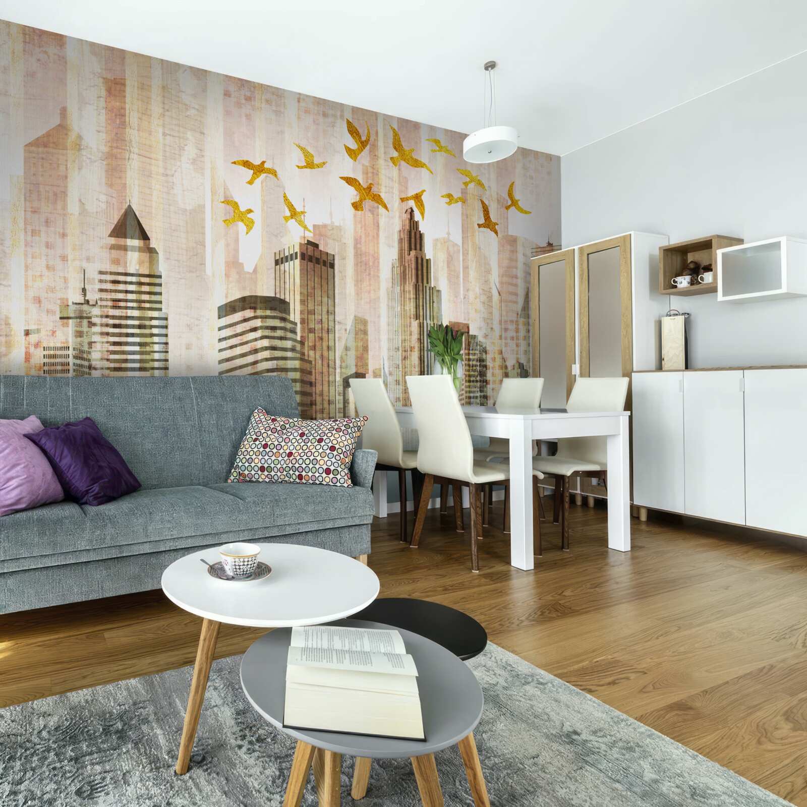 Fototapet zgârie-nori peste care zboară păsările