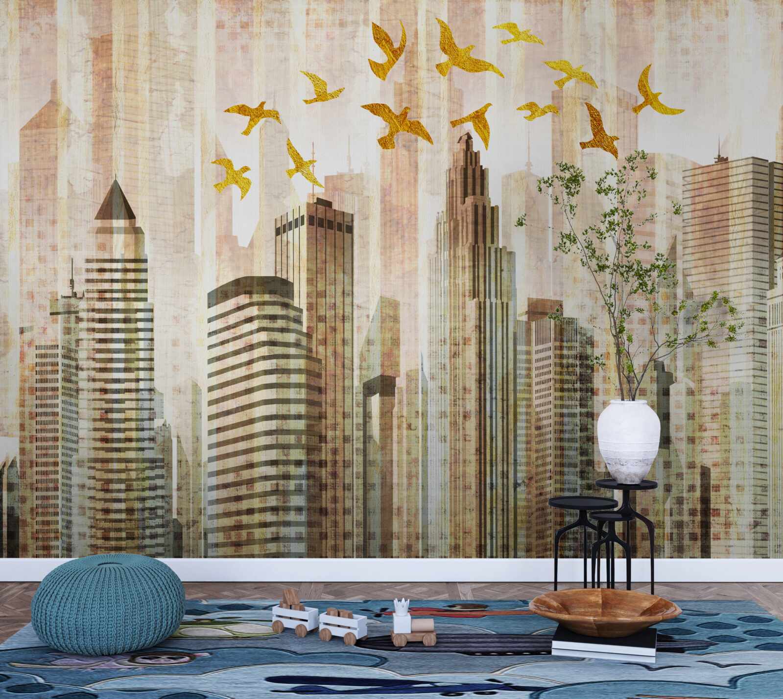 Fototapet zgârie-nori peste care zboară păsările