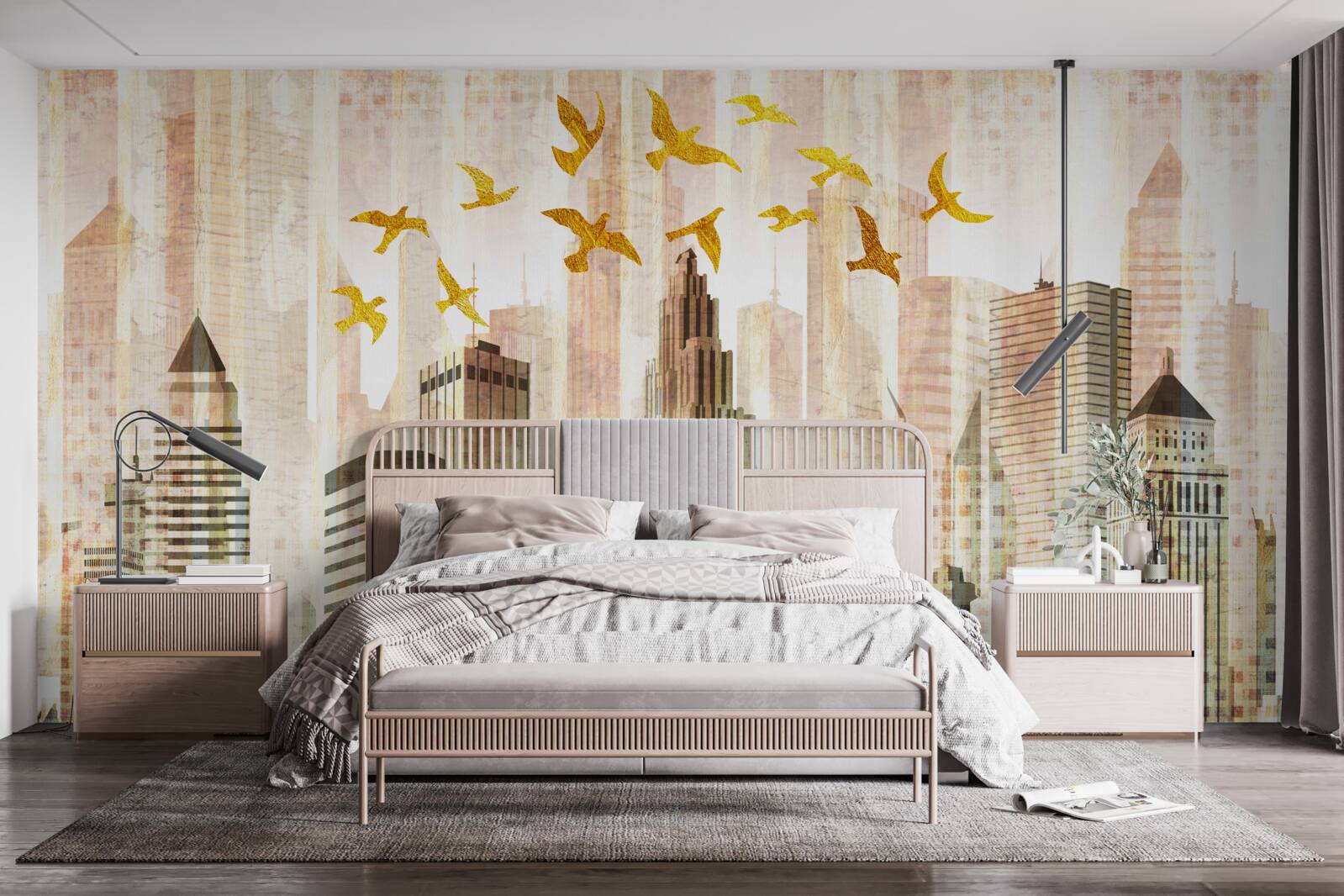 Fototapet zgârie-nori peste care zboară păsările