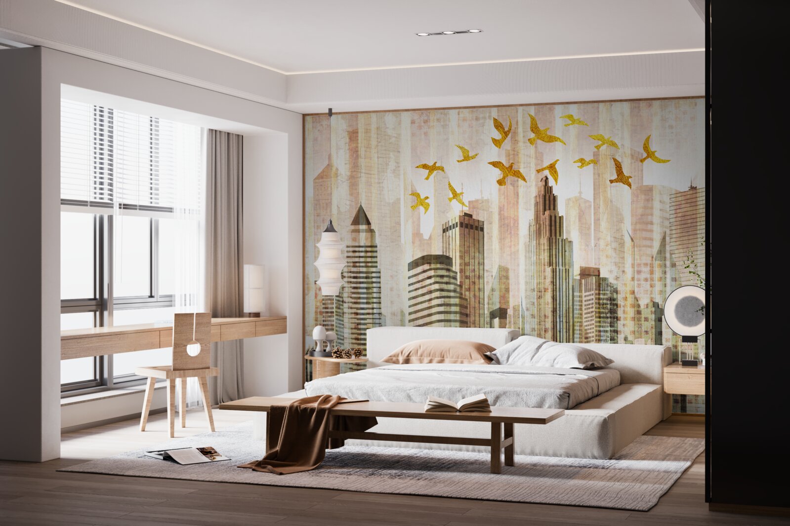 Fototapet zgârie-nori peste care zboară păsările