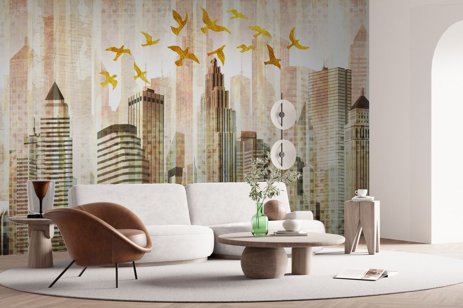 Fototapet zgârie-nori peste care zboară păsările