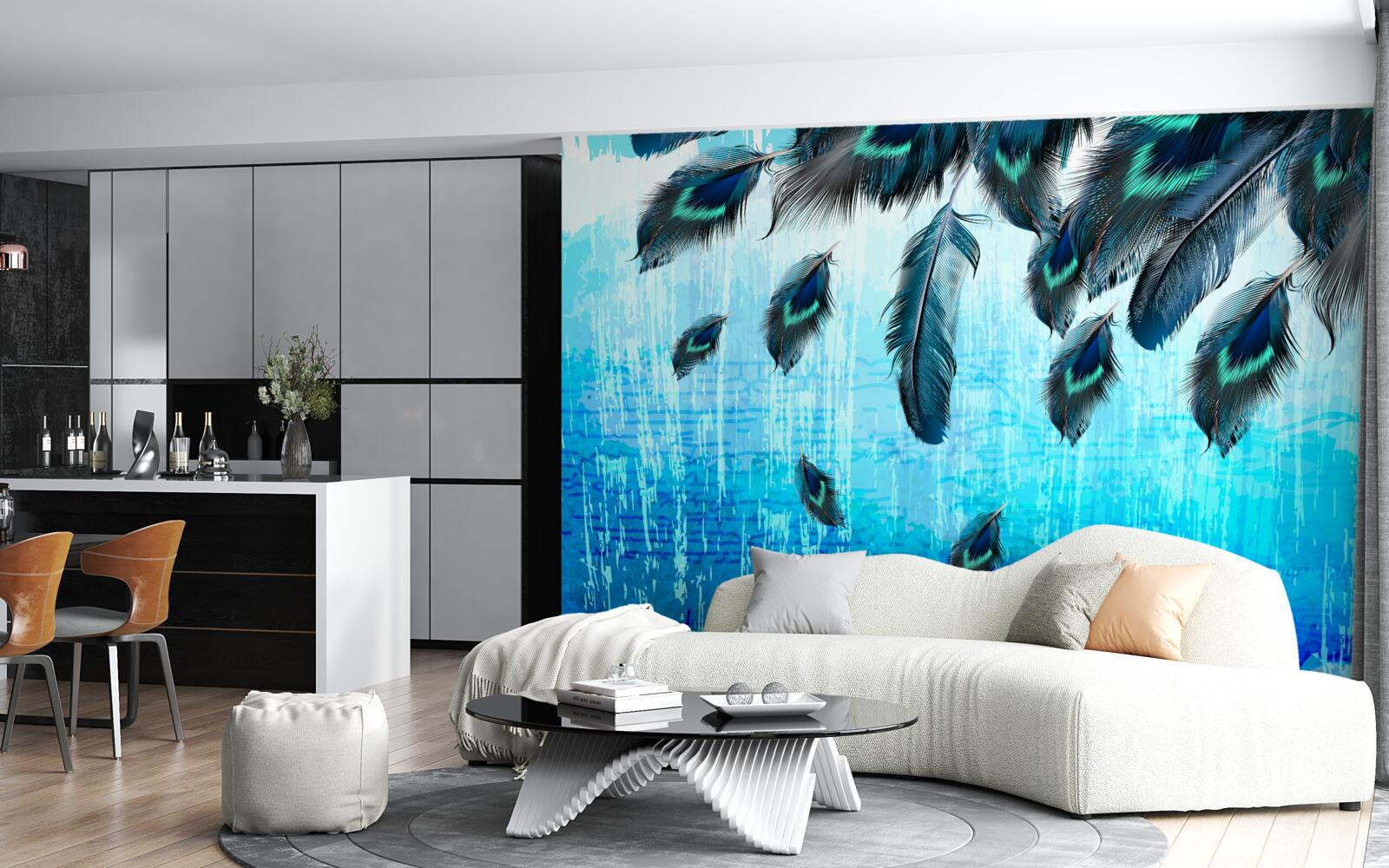 Fototapet pene de păun pe un fundal albastru