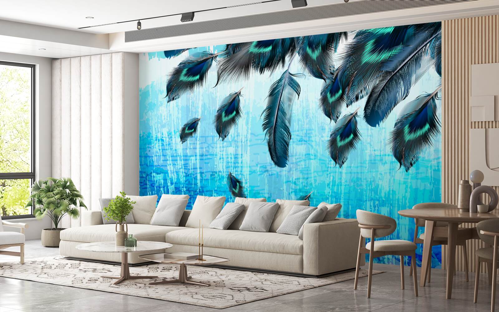 Fototapet pene de păun pe un fundal albastru