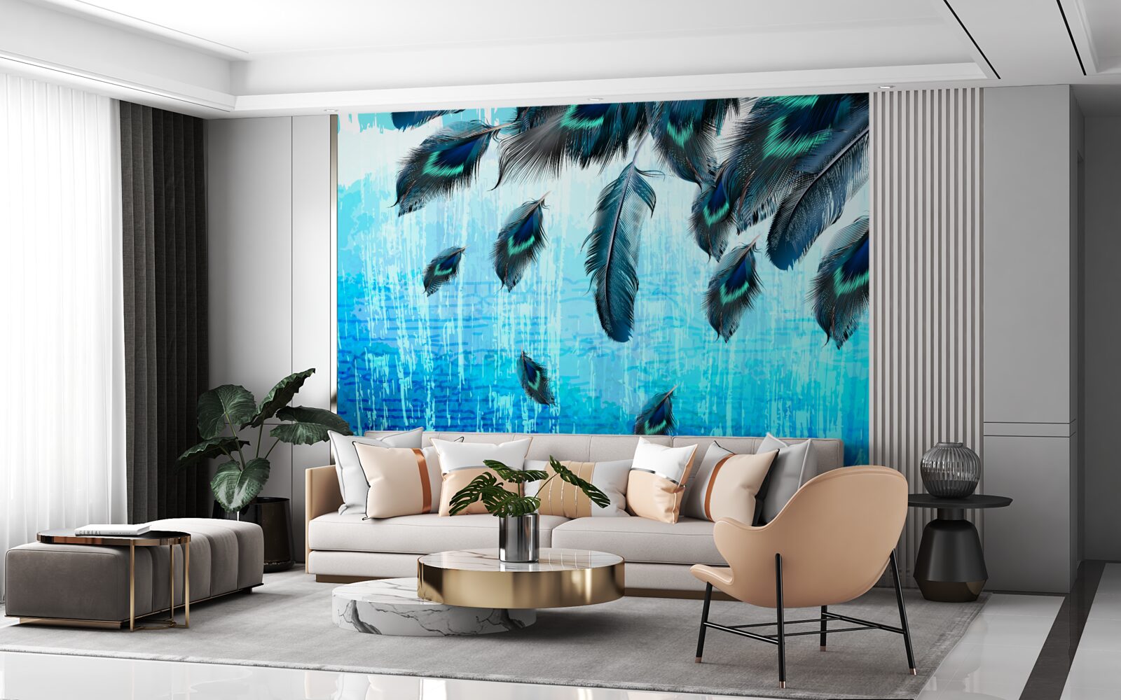 Fototapet pene de păun pe un fundal albastru