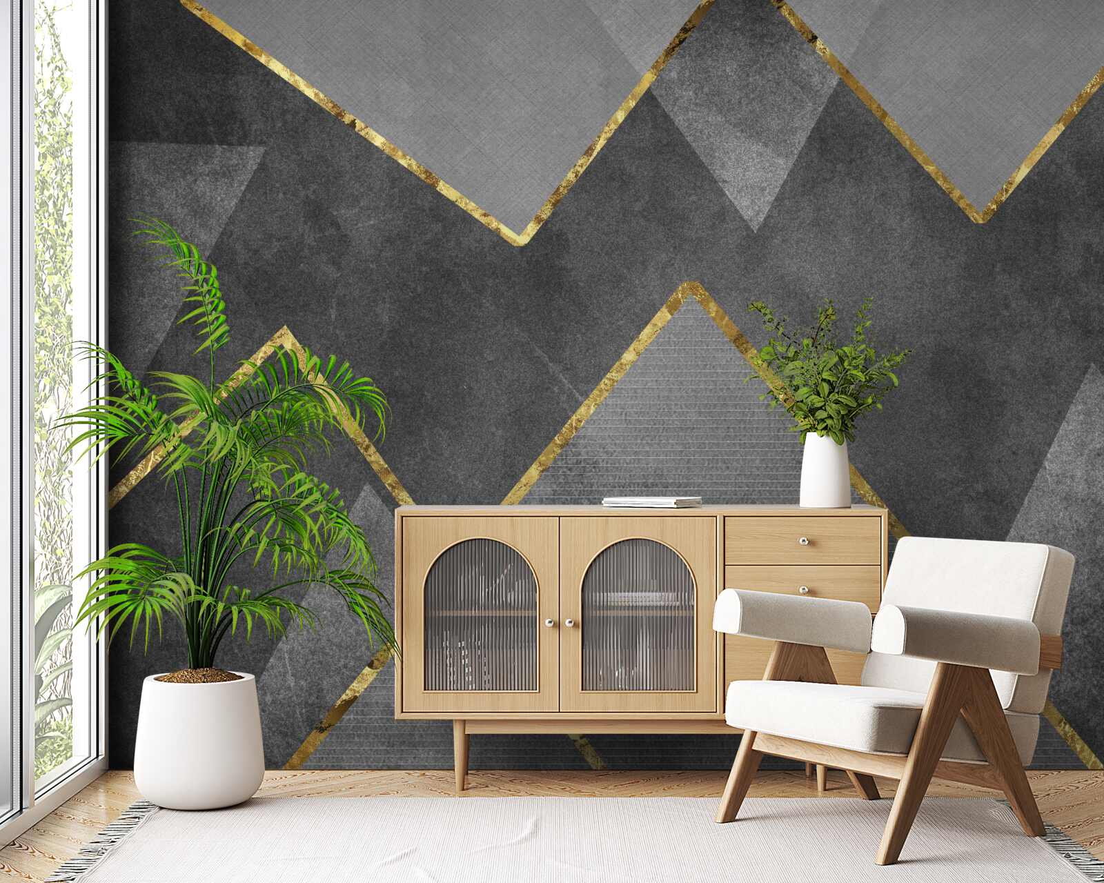 Fototapet zigzaguri aurii și negre și albe