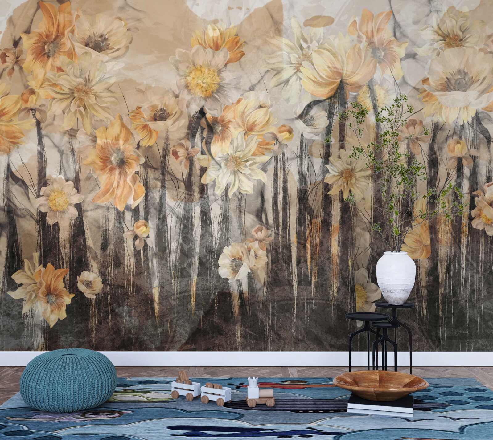 Fototapet flori în stil vintage pe un fundal gri