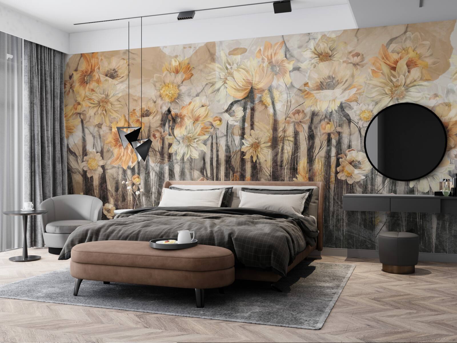 Fototapet flori în stil vintage pe un fundal gri