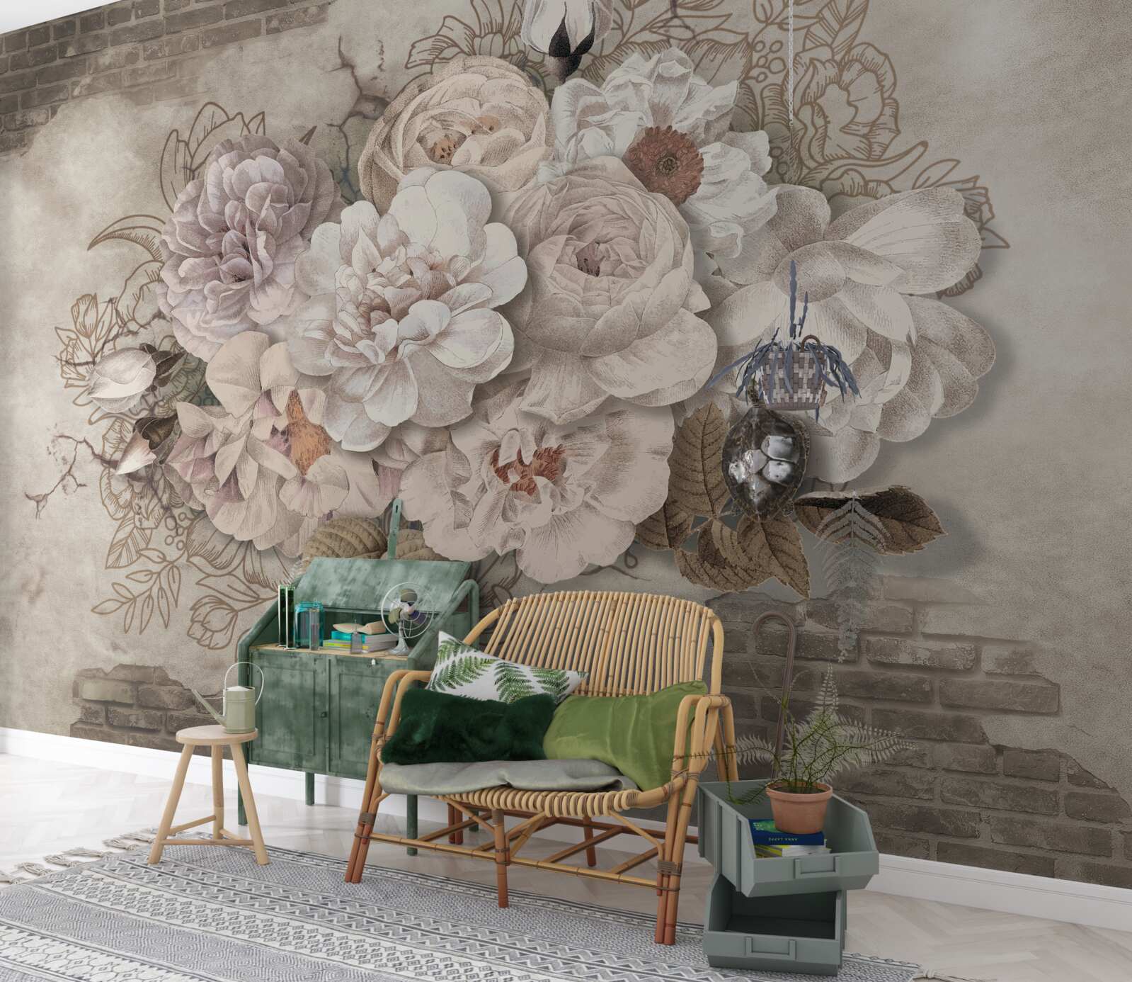 Fototapet trandafiri magnifici mari pe un perete de cărămidă