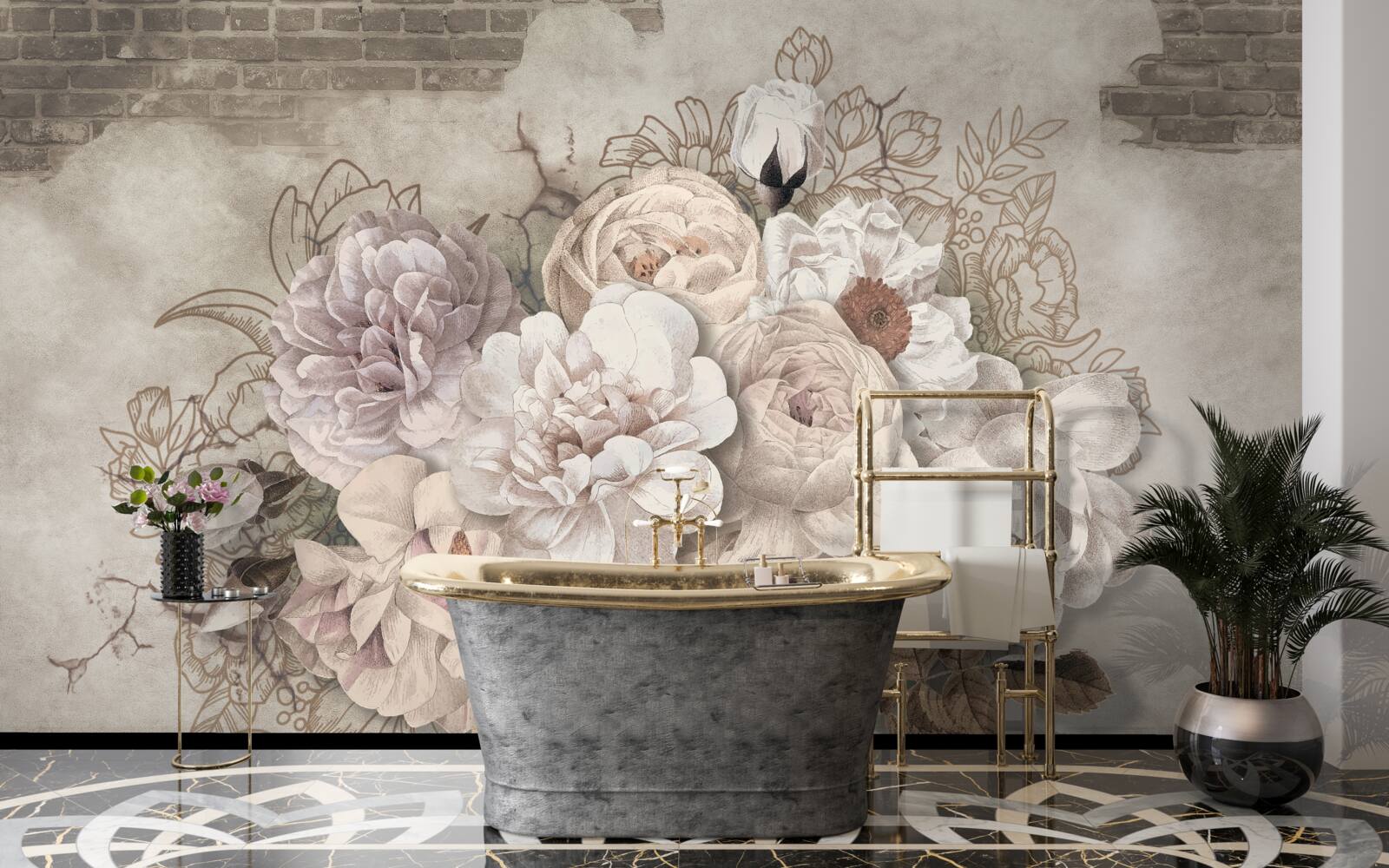 Fototapet trandafiri magnifici mari pe un perete de cărămidă