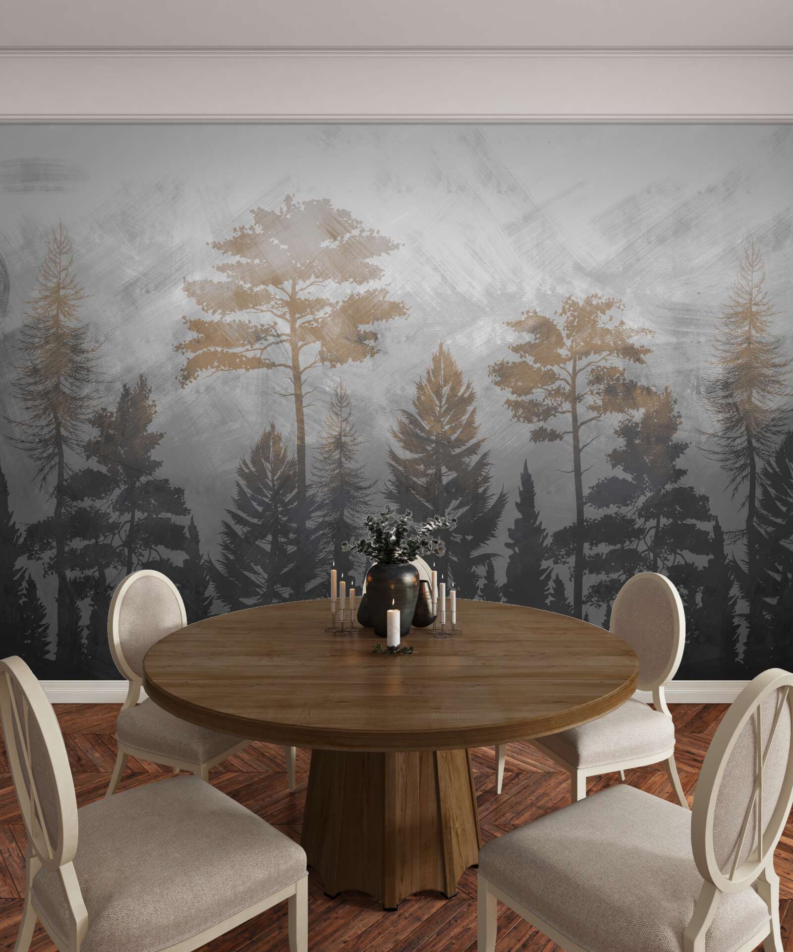 Fototapet soarele strălucește prin ceața pădurii