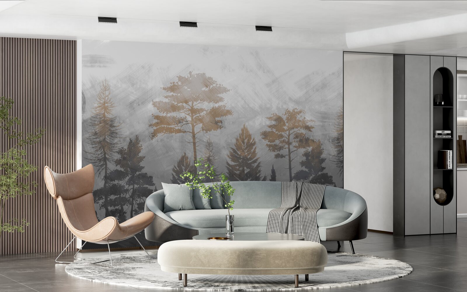 Fototapet soarele strălucește prin ceața pădurii