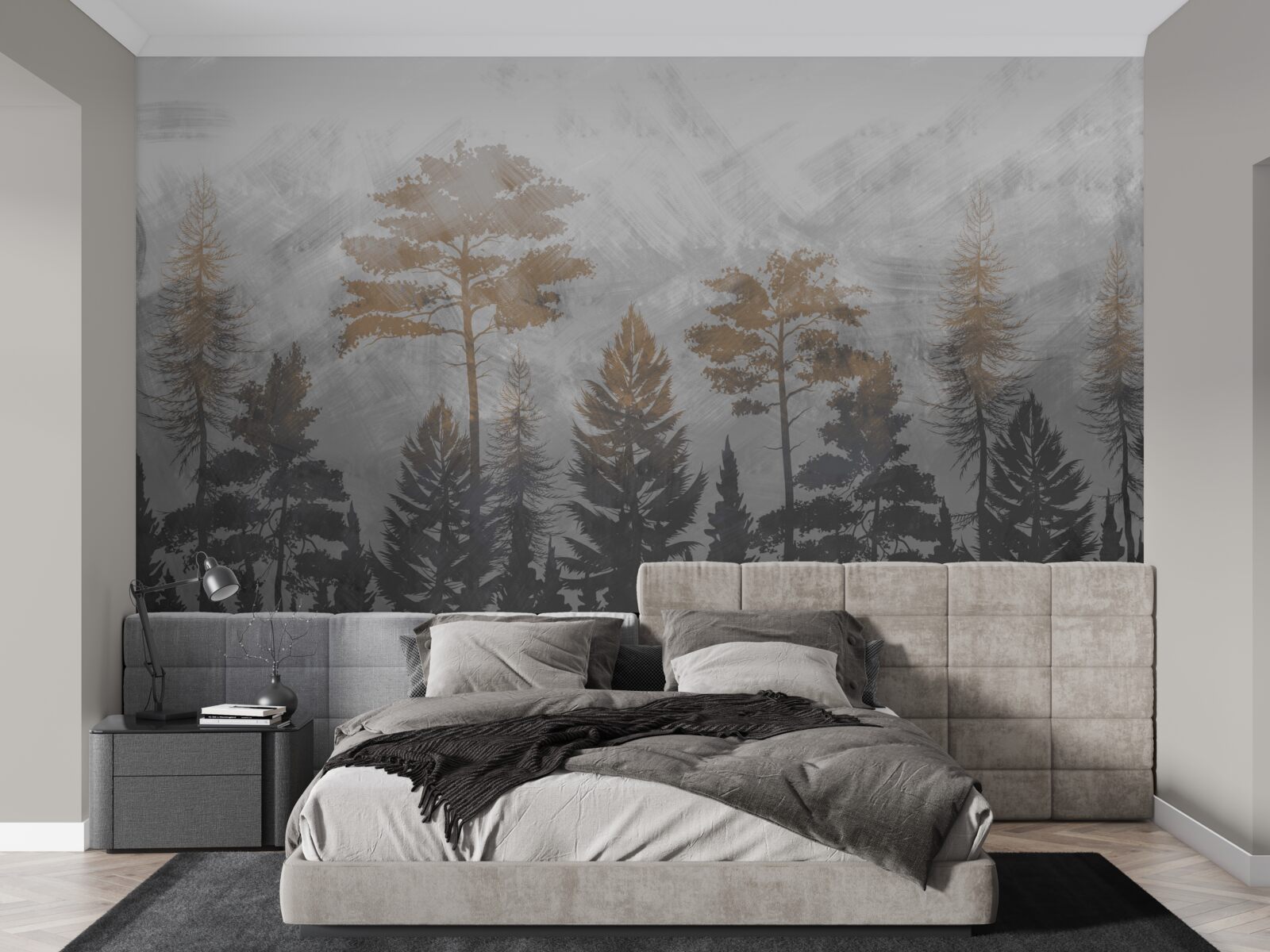 Fototapet soarele strălucește prin ceața pădurii