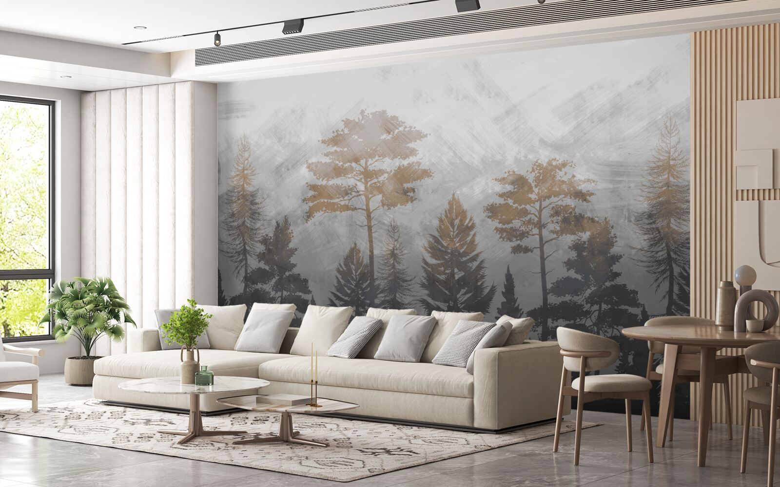 Fototapet soarele strălucește prin ceața pădurii