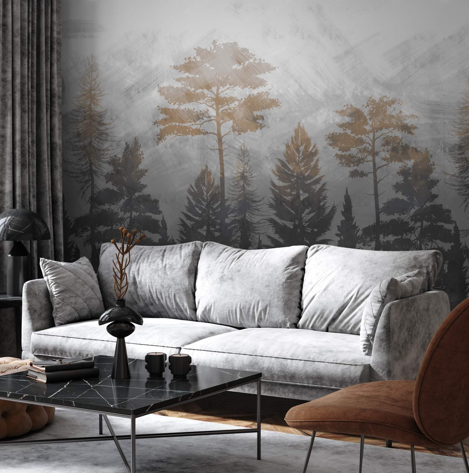 Fototapet soarele strălucește prin ceața pădurii