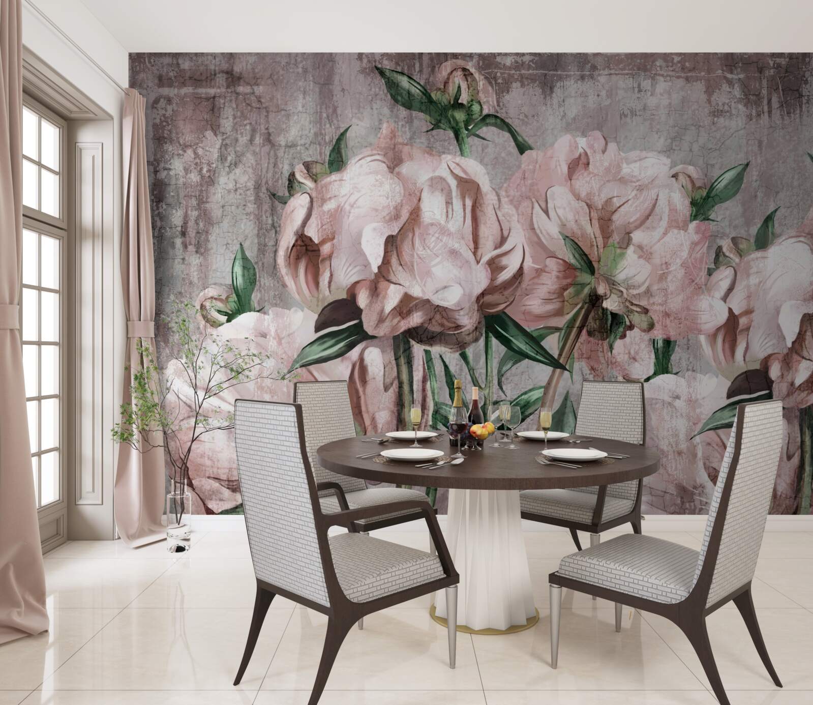 Fototapet peretele de beton este decorat cu trandafiri pastel