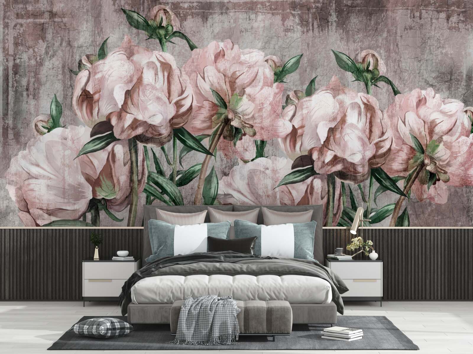 Fototapet peretele de beton este decorat cu trandafiri pastel