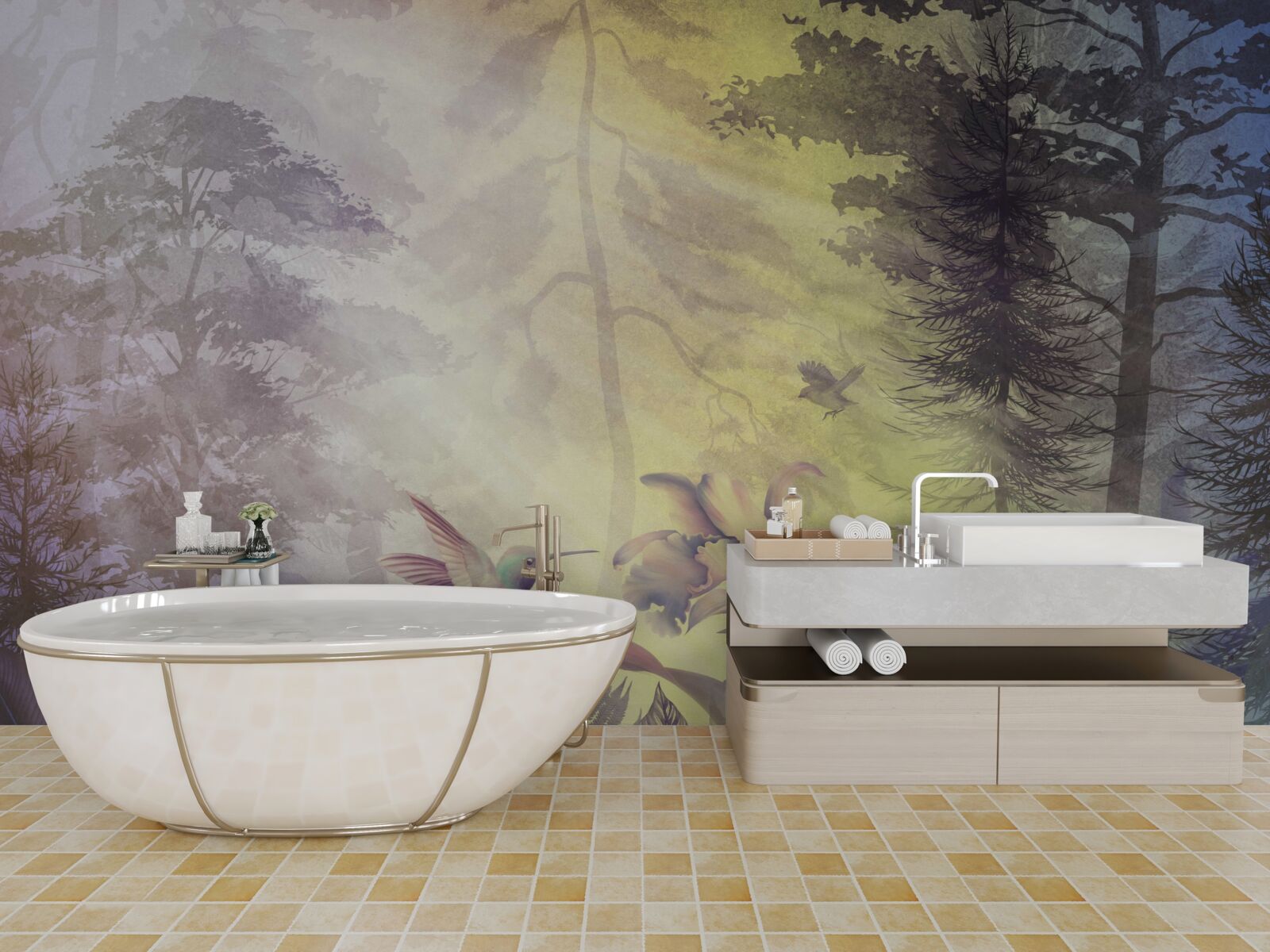 Fototapet o pădure de foioase sub razele soarelui