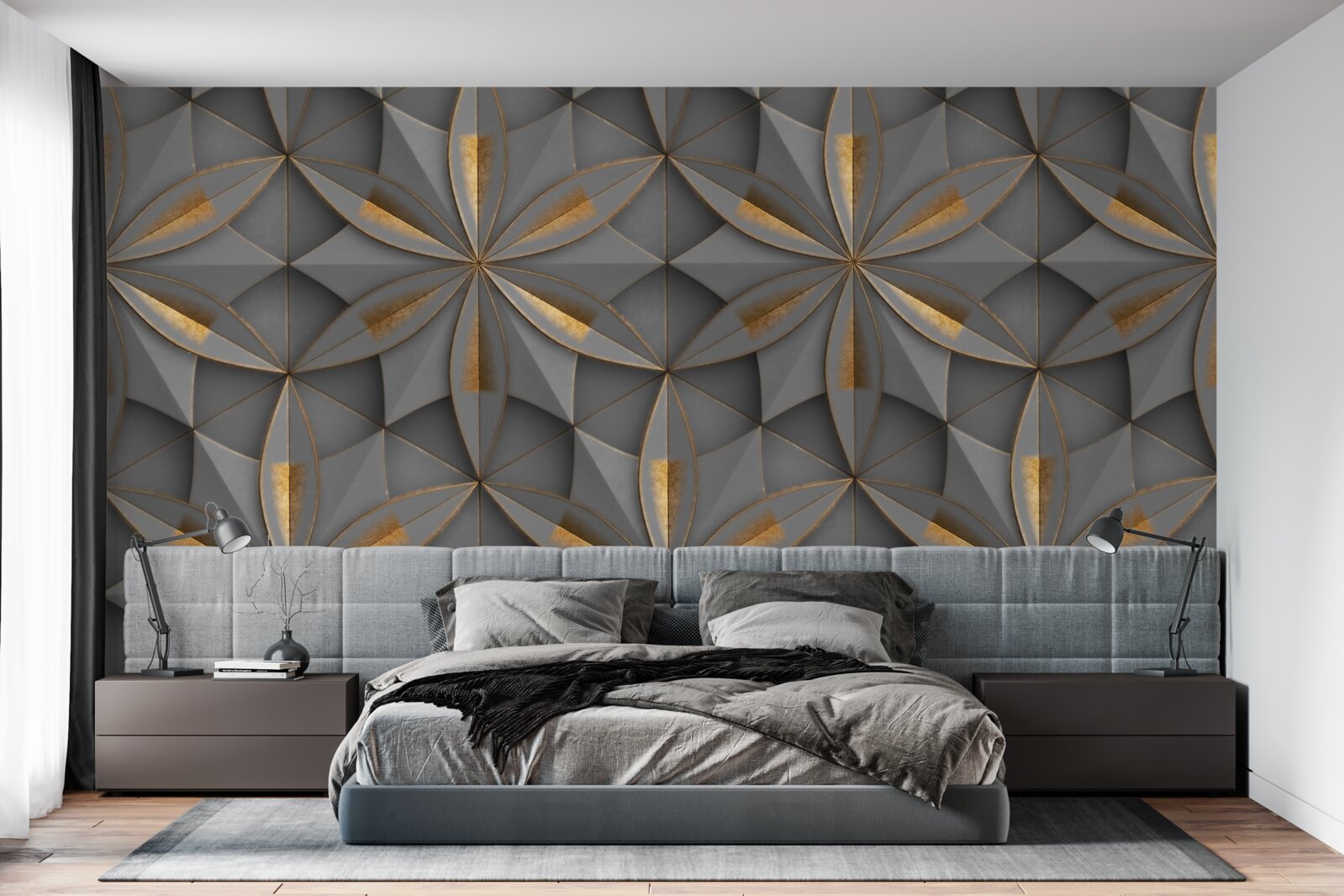 Fototapet florile sunt de culoare gri cu un model auriu la bază