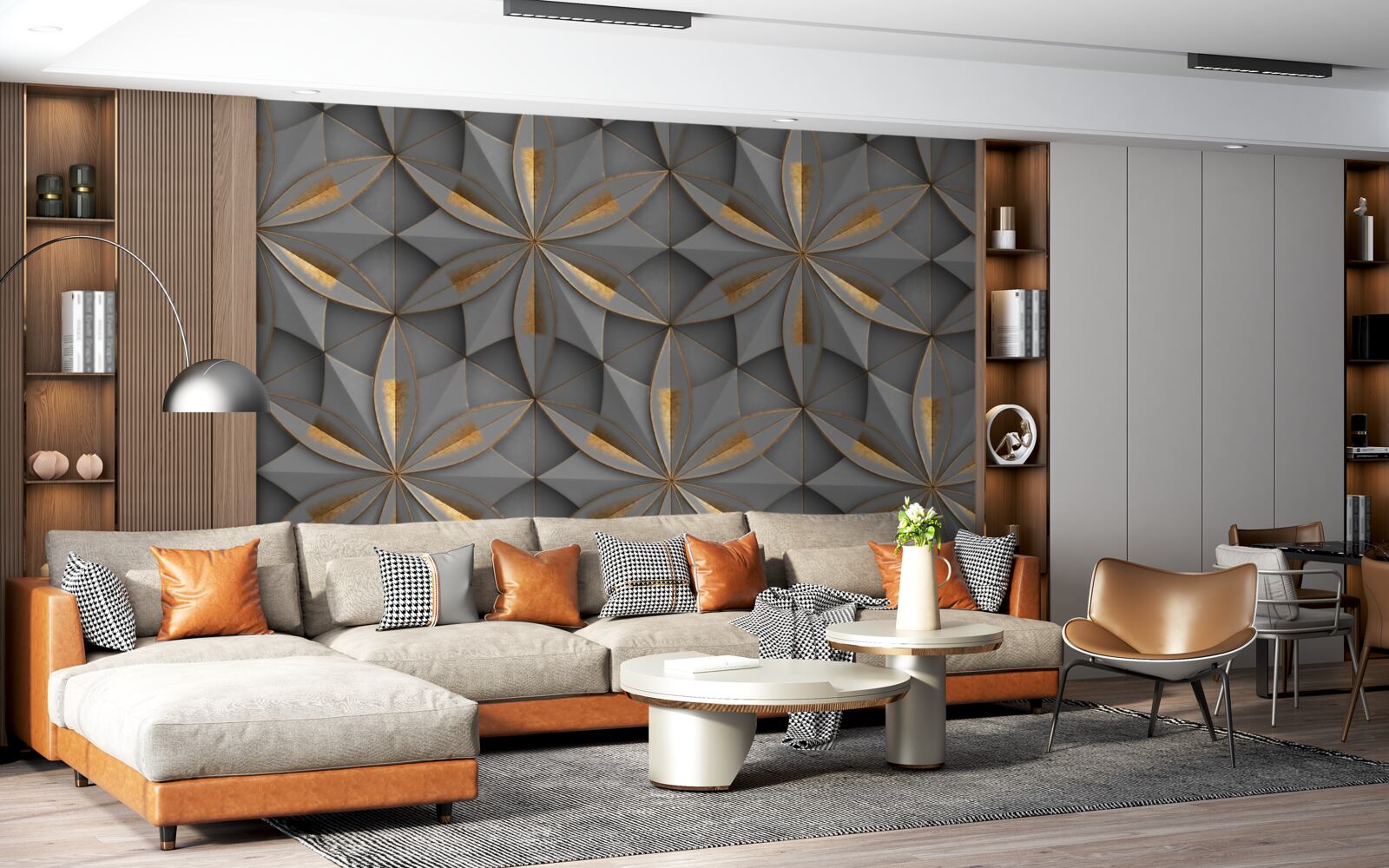 Fototapet florile sunt de culoare gri cu un model auriu la bază