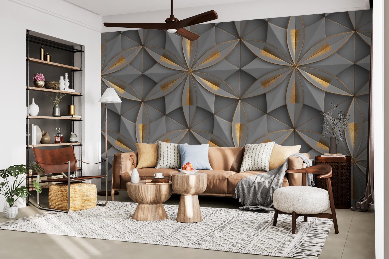 Fototapet florile sunt de culoare gri cu un model auriu la bază