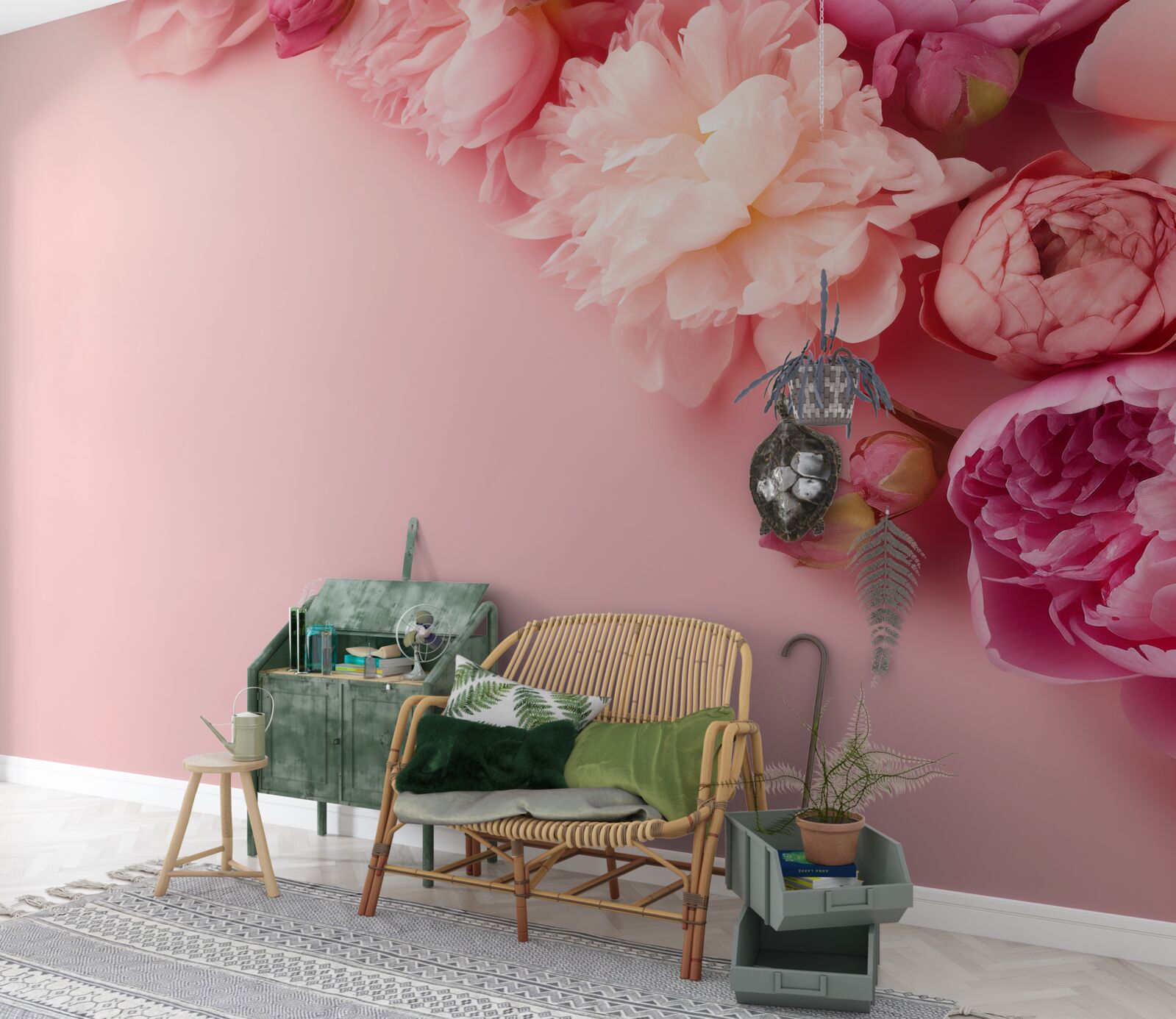 Fototapet diferite flori roz pe un fundal de aceeași nuanță