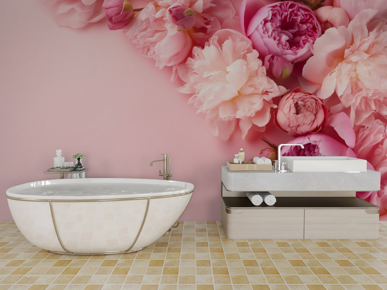 Fototapet diferite flori roz pe un fundal de aceeași nuanță