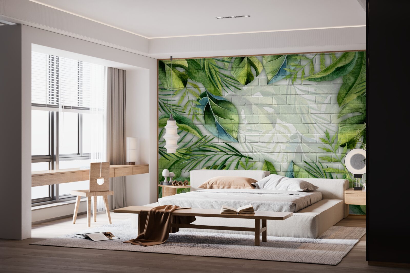 Fototapet verde tropical pe un perete de cărămidă