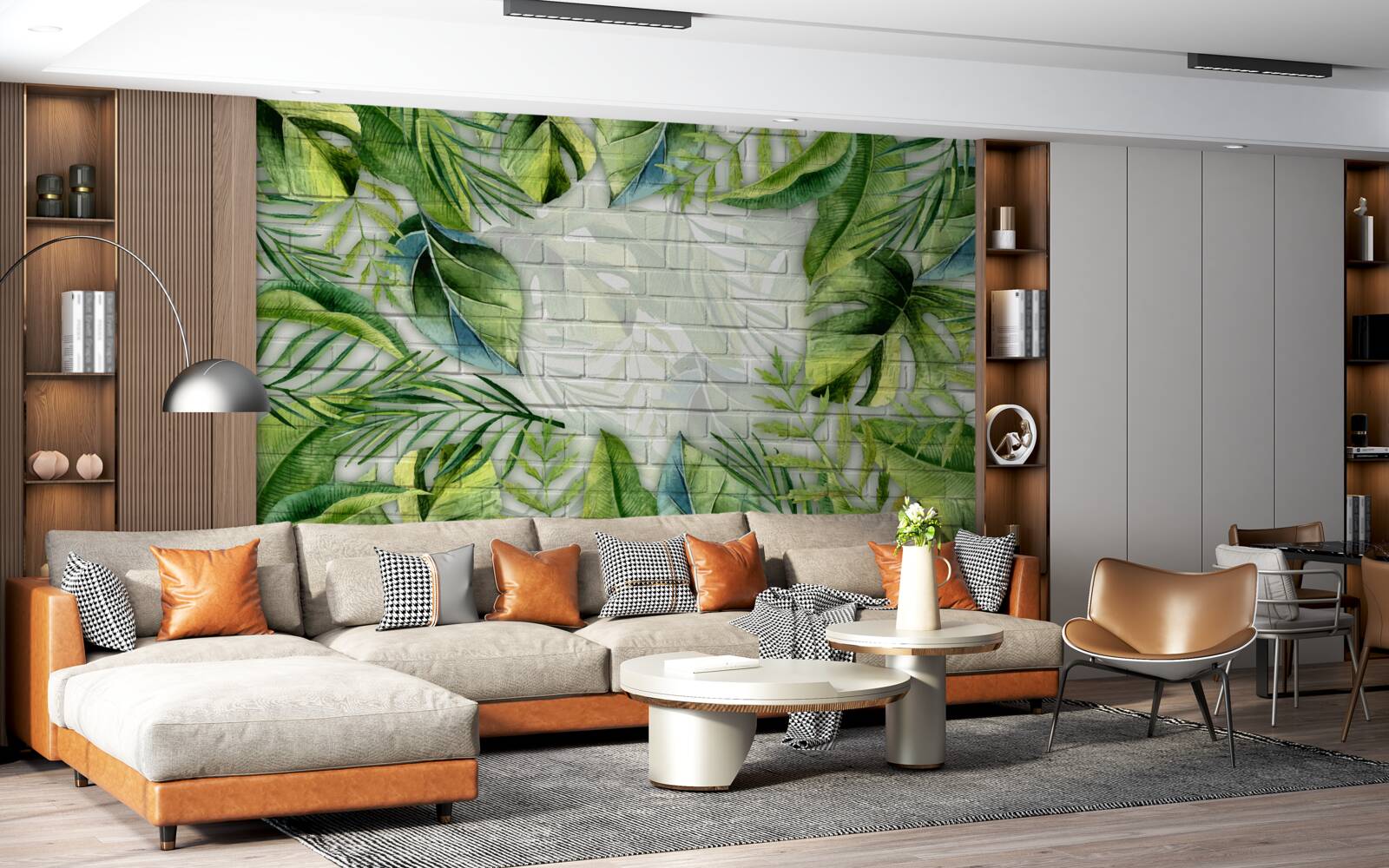 Fototapet verde tropical pe un perete de cărămidă