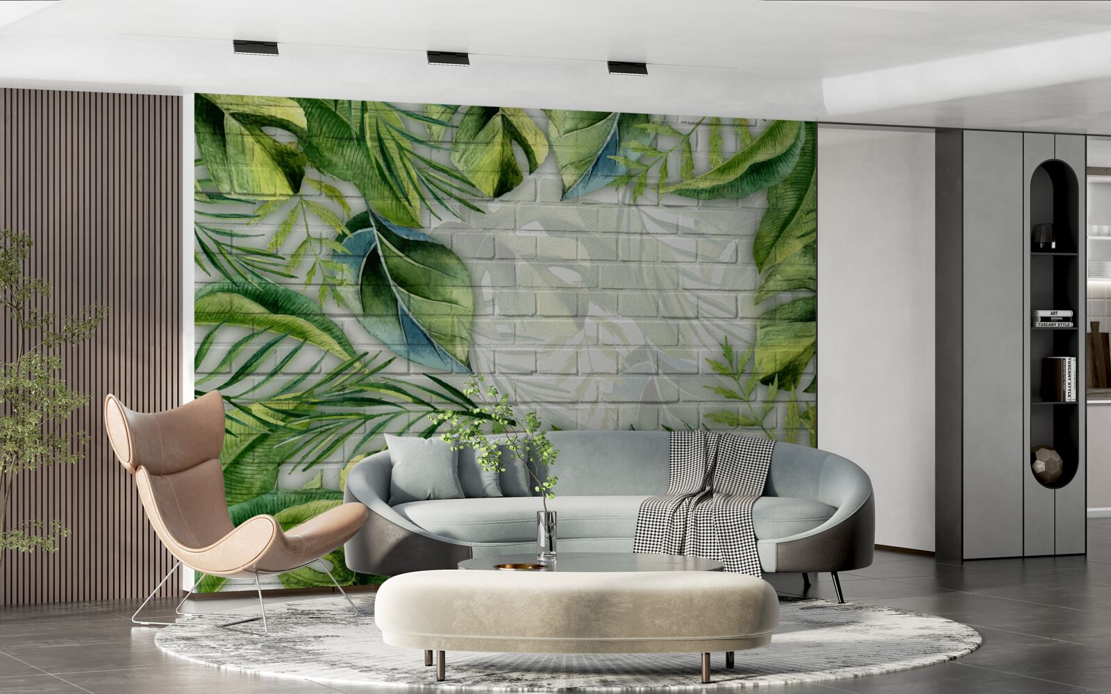 Fototapet verde tropical pe un perete de cărămidă