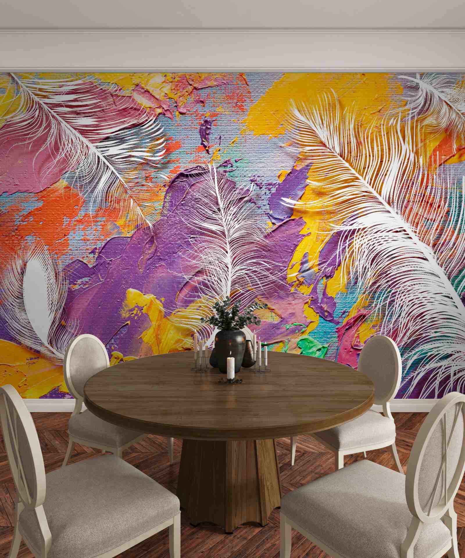 Fototapet nuanțe intense și pene albe